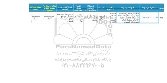 مناقصه، مناقصه عمومی اجرای عملیات خطوط انتقال آب مجتمع آلمالو