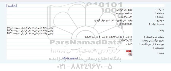 مناقصه توسعه واحداث شبکه های توزیع برق پارساباد     