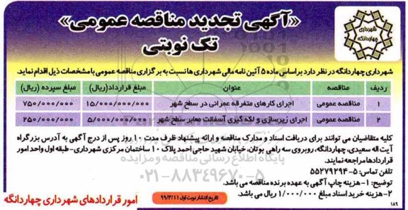 آگهی مناقصه عمومی ، تجدید مناقصه اجرای کارهای متفرقه عمرانی در سطح شهر 
