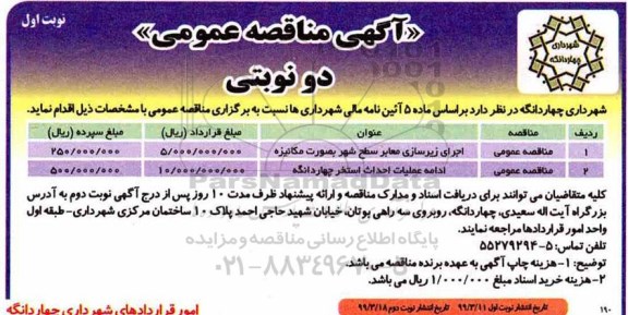 آگهی مناقصه عمومی ،مناقصه اجرای زیرسازی معابر سطح شهر به صورت مکانیزه و...
