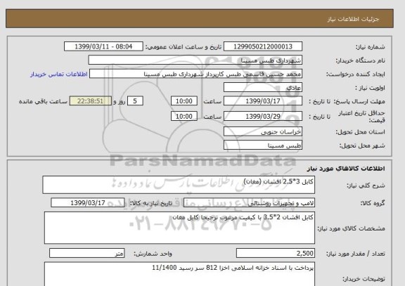استعلام کابل 3*2.5 افشان (مغان)