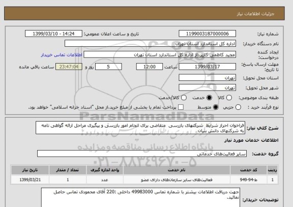 استعلام فراخوان احراز شرایط  شرکتهای بازرسی  متقاضی برای انجام امور بازرسی و پیگیری مراحل ارائه گواهی نامه به شرکتهای دانش بنیان