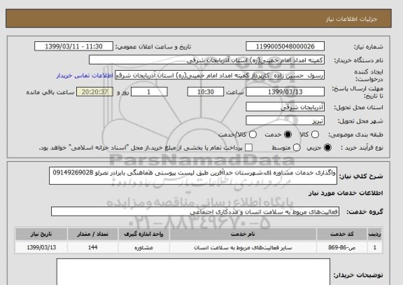 استعلام واگذاری خدمات مشاوره ای شهرستان خداآفرین طبق لیست پیوستی هماهنگی بابرادر نصرلو 09149269028