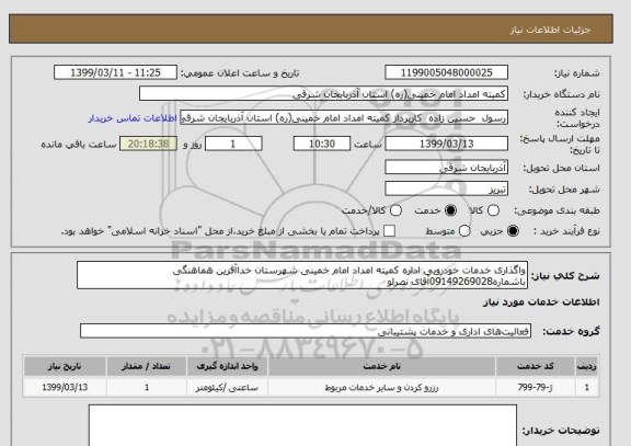 استعلام واگذاری خدمات خودرویی اداره کمیته امداد امام خمینی شهرستان خداآفرین هماهنگی باشماره09149269028آقای نصرلو