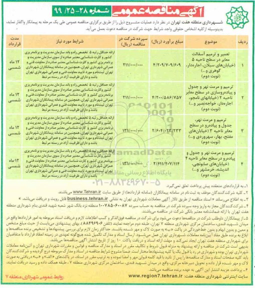 آگهی مناقصه عمومی , مناقصه تعمیر و ترمیم آسفالت معابر در سطح ناحیه 5