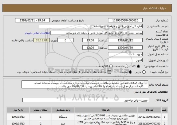 استعلام ایران کدهای انتخابی مشابه و ملاک درخواست توضیحات و فرم مشخصات پیوست سامانه است.
کلیه اعتبار از محل اسناد خزانه اخزا 802 باسررسید 99/04/30 می باشد.
