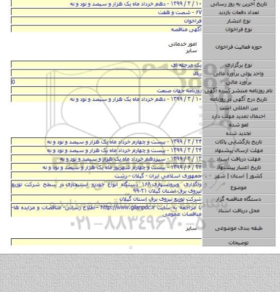 واگذاری وبرونسپاری ۱۶۸ دستگاه انواع خودرو استیجاری  در سطح شرکت توزیع نیروی برق استان گیلان  ۲۱-۹۹