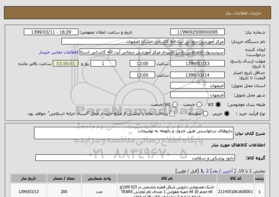 استعلام داروهای درخواستی طبق جدول و باتوجه به توضیحات 