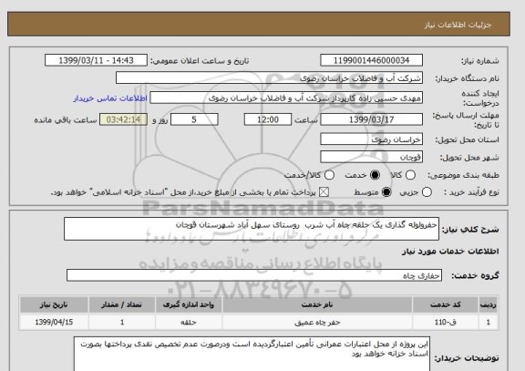 استعلام حفرولوله گذاری یک حلقه چاه آب شرب  روستای سهل آباد شهرستان قوچان