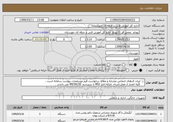استعلام ایران کدهای انتخابی مشابه و ملاک درخواست فرم مشخصات پیوست سامانه است . 
کلیه اعتبار از محل اسناد خزانه اخزا 802 با سررسید 99/04/30 می باشد. 
 
