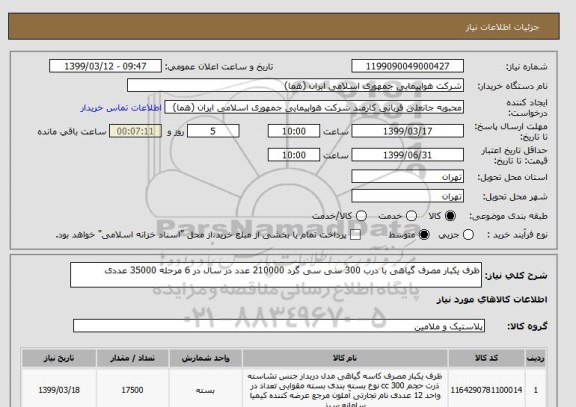 استعلام ظرف یکبار مصرف گیاهی با درب 300 سی سی گرد 210000 عدد در سال در 6 مرحله 35000 عددی 