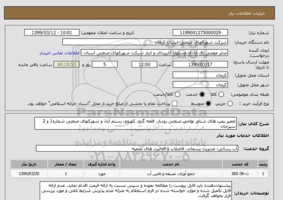 استعلام تعمیر پمپ های شناور نواحی صنعتی رودبار، قلعه گنج، کهنوج، رستم آباد و شهرکهای صنعتی شماره1 و 2 سیرجان 