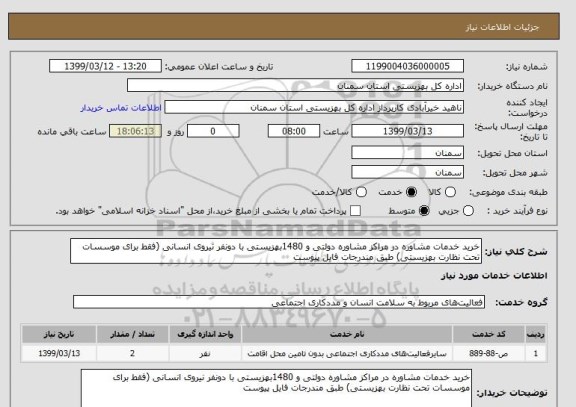 استعلام خرید خدمات مشاوره در مراکز مشاوره دولتی و 1480بهزیستی با دونفر نیروی انسانی (فقط برای موسسات تحت نظارت بهزیستی) طبق مندرجات فایل پیوست
