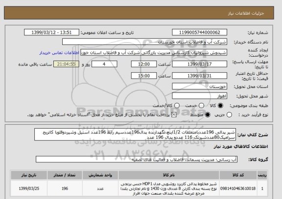 استعلام شیر پدالی 196عددبامتعلقات 1/2اینچ نگهدارنده پدال196عددسیم رابط 196عدد استیل وشیردوقلوبا کاتریج سرامیک80عددشیرتک 116 عددو پدال 196 عدد