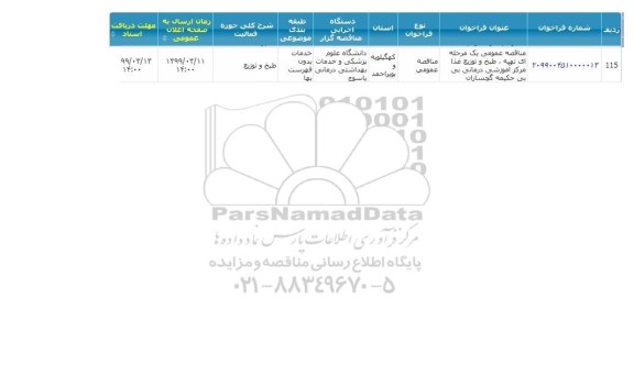 مناقصه تهیه، طبخ و توزیع غذا مرکز آموزشی