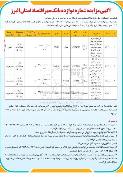 آگهی مزایده،مزایده فروش املاک کاربری مسکونی تجاری شماره دوازده 