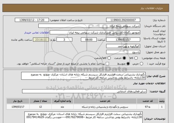 استعلام نگهداری پشتیبانی سخت افزارنرم افزارکل سیستم شبکه -رایانه های استان- مرکزی -وتوابع  به مجموع 130رایانه- باشرایط بومی وداشتن سابقه کار مرتبط 