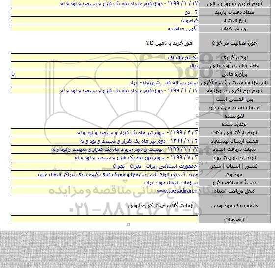 خرید ۳ ردیف انواع آنتی سرمها و  معرف های گروه بندی مراکز انتقال خون