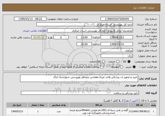 استعلام خرید و تجهیز ات پزشکی واحد غربال معتادین متجاهر بهزیستی شهرستان اراک 
