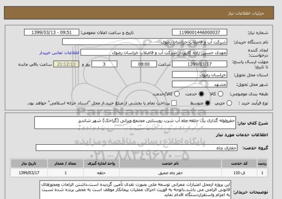استعلام حفرولوله گذاری یک حلقه چاه آب شرب روستایی مجتمع ویرانی (گراخک) شهر شاندیز