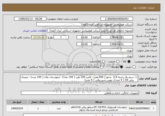 استعلام سیم یک رشته 2.5  نسوز ( 200 متر) - لامپ 100 وات ( 100 عدد) - ترموستات پلان ( 100 عدد) - ترمینال ریلی 35 ( 4 عدد) - بوبین شیر برقی ( 5 عدد) 
