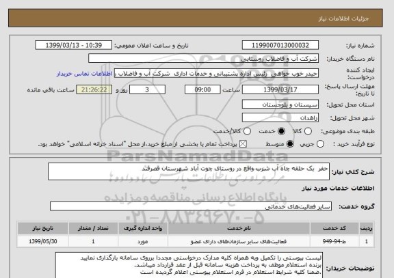 استعلام حفر  یک حلقه چاه آب شرب واقع در روستای چوت آباد شهرستان قصرقند