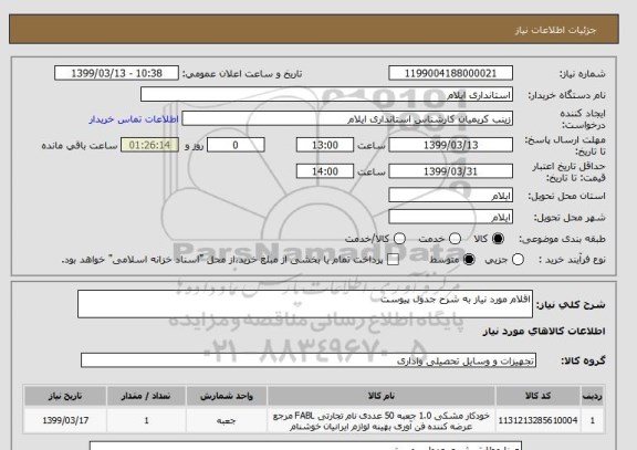 استعلام اقلام مورد نیاز به شرح جدول پیوست