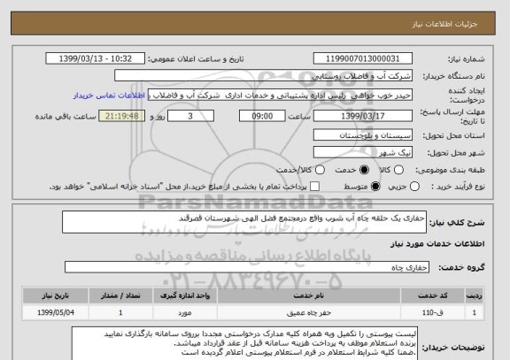 استعلام حفاری یک حلقه چاه آب شرب واقع درمجتمع فضل الهی شهرستان قصرقند