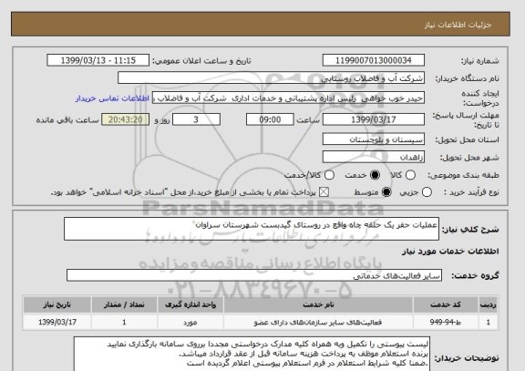 استعلام عملیات حفر یک حلقه چاه واقع در روستای گیدبست شهرستان سراوان 
