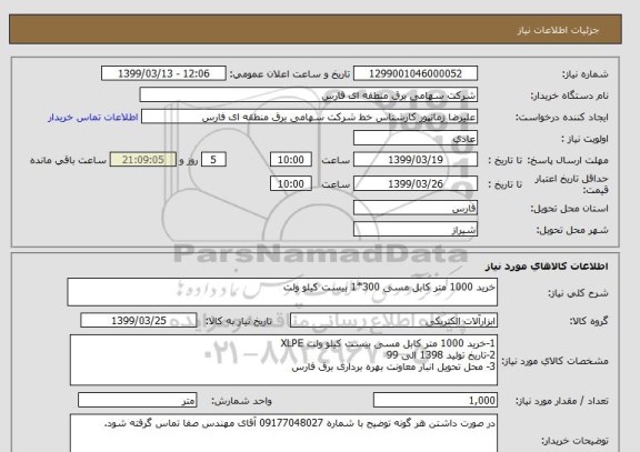 استعلام خرید 1000 متر کابل مسی 300*1 بیست کیلو ولت