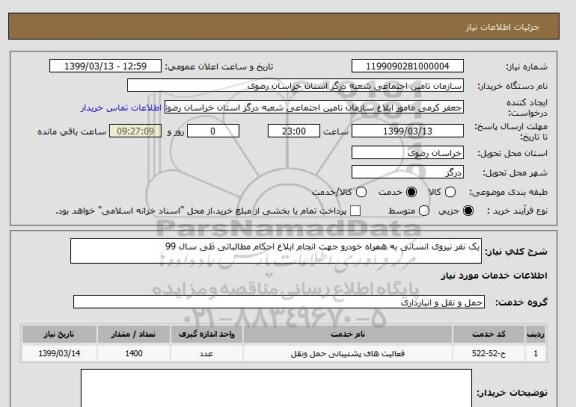 استعلام یک نفر نیروی انسانی به همراه خودرو جهت انجام ابلاغ احکام مطالباتی طی سال 99