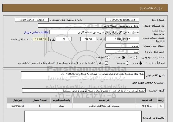 استعلام تهیه مواد شوینده پوشاک و مواد غذایی و حبوبات به مبلغ 400000000 ریال