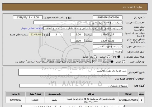 استعلام خرید کلروفریک خلوص 40درصد