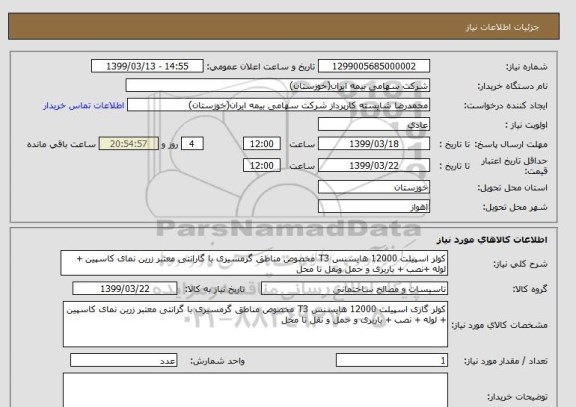 استعلام کولر اسپیلت 12000 هایسنس T3 مخصوص مناطق گرمسیری با گارانتی معتبر زرین نمای کاسپین + لوله +نصب + باربری و حمل ونقل تا محل 