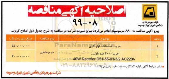 اصلاحیه مناقصه,اصلاحیه مناقصه خرید 80 دستگاه کولر گازی ... 