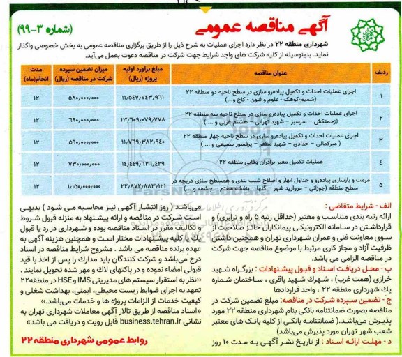 آگهی مناقصه عمومی , مناقصه اجرای عملیات احداث و تکمیل پیاده روسازی ...