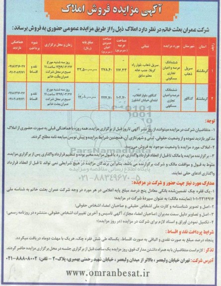 مزایده, مزایده فروش املاک ششدانگ عرصه و اعیان تجاری مسکونی 