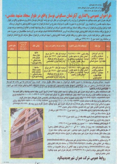 مزایده, مزایده واگذاری آپارتمان مسکونی نوسازی