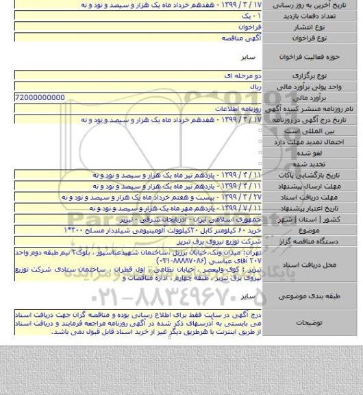خرید ۶۰ کیلومتر کابل ۲۰کیلوولت  آلومینیومی شیلددار مسلح ۳۰۰*۱
