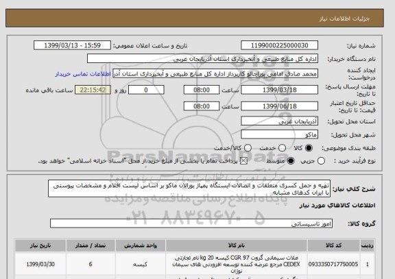 استعلام تهیه و حمل کسری متعلقات و اتصالات ایستگاه پمپاژ بورالان ماکو بر اساس لیست اقلام و مشخصات پیوستی با ایران کدهای مشابه