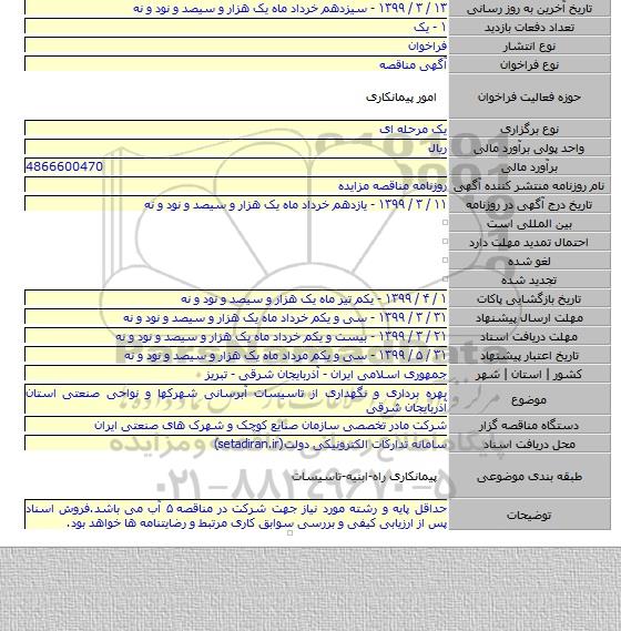 بهره برداری و نگهداری از تاسیسات آبرسانی شهرکها و نواحی صنعتی استان آذربایجان شرقی