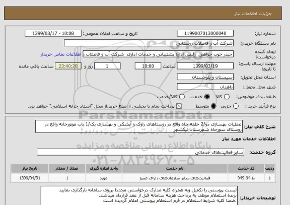 استعلام عملیات بهسازی دو/2 حلقه چاه واقع در روستاهای راوک و آبشکی و بهسازی یک/1 باب موتورخانه واقع در روستای سورجاه شهرستان نیکشهر   