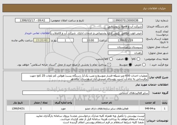 استعلام عملیات احداث 600 متر شبکه فشار متوسط و نصب یک/1 دستگاه پست هوائی کم تلفات 25 کاوا جهت برقرسانی به چاه آب شرب روستای عیسی آباد شهرستان نیکشهر 
