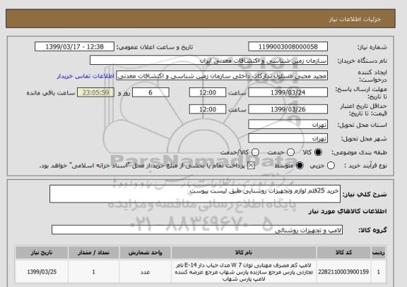 استعلام خرید 25قلم لوازم وتجهیزات روشنایی طبق لیست پیوست