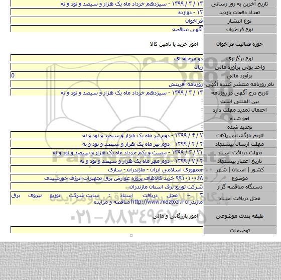 ۹۹۱۰۱۰۰۶۸ خرید کالاهای پروژه عوارض برق تجهیزات انرژی خورشیدی