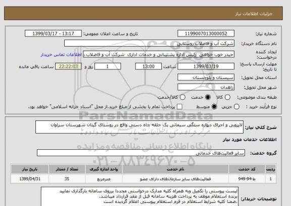 استعلام لایروبی و اجرای دیواره سنگی سیمانی یک حلقه چاه دستی واقع در روستای گیتان شهرستان سراوان 