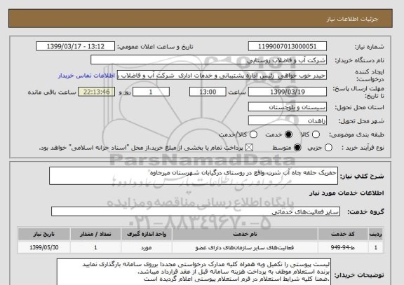 استعلام حفریک حلقه چاه آب شرب واقع در روستای درگیابان شهرستان میرجاوه