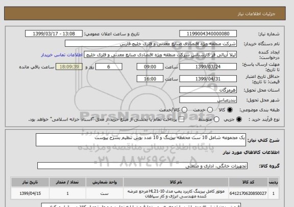 استعلام یک مجموعه شامل 10 ست محفظه بیرینگ و 10 عدد بوش تنظیم بشرح پیوست