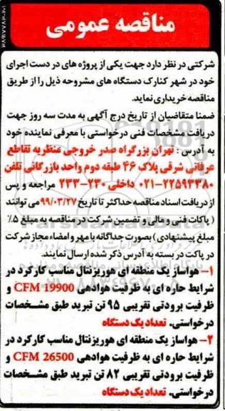 مناقصه ، مناقصه هواساز یک منطقه ای هوریزنتال مناسب کار کرد و...