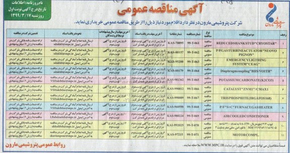مناقصه، مناقصه REDUCED SHANKSTUD CRYOSTAR...